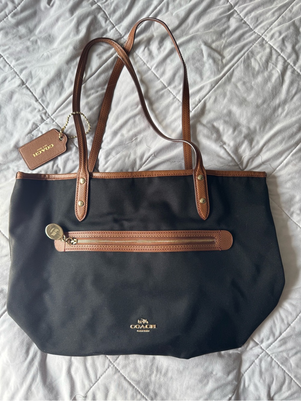 Coach Black Nylon Tote with Brown Leather Handles and Trim